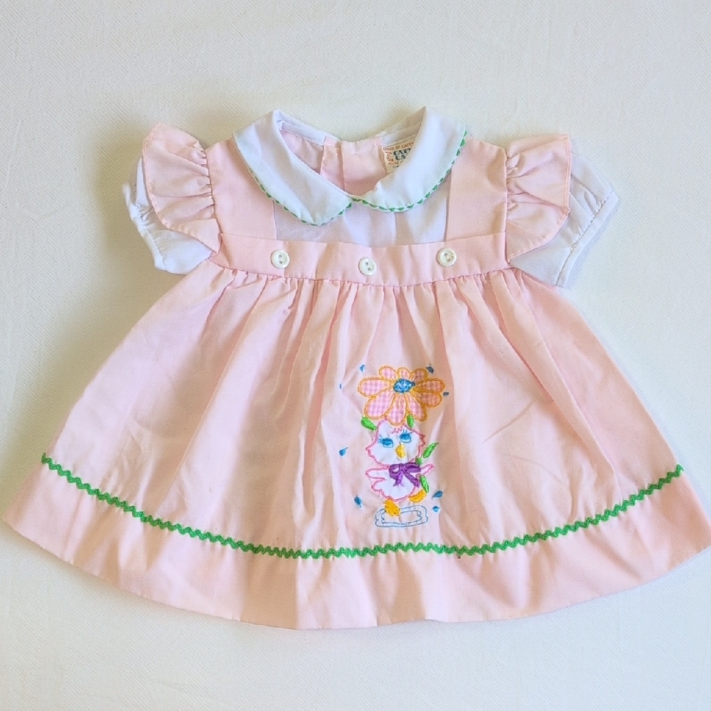 VTG 70s Cotton Candy Prairie Dress Rick Rack 3-6M Pink Ruffle Whimsical Flower